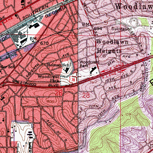 Topographic Map of Woodcrest Park, AL