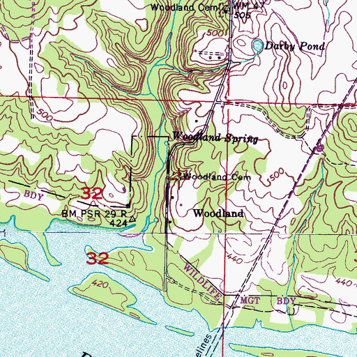 Topographic Map of Woodland Cemetery, AL