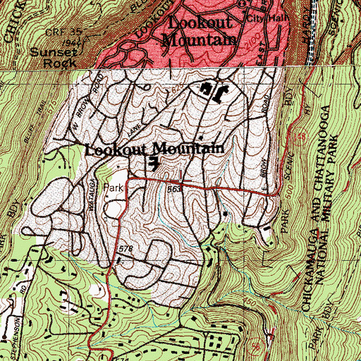 Topographic Map of Lookout Mountain, TN