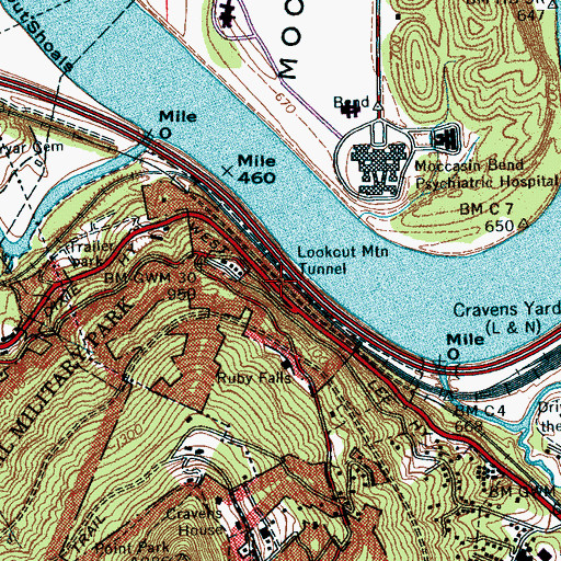 Topographic Map of Lookout Mountain Tunnel, TN