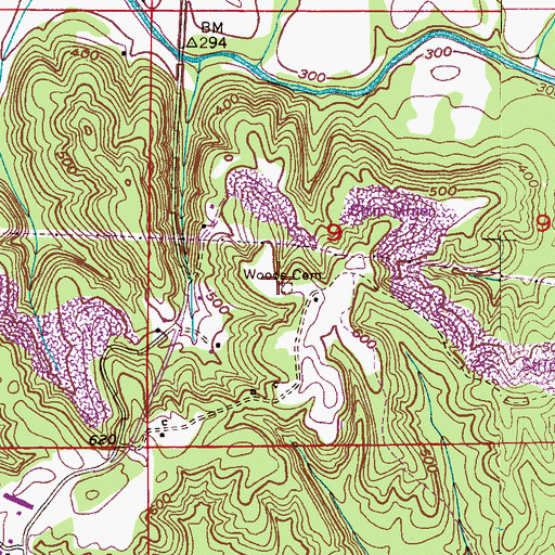 Topographic Map of Woods Cemetery, AL