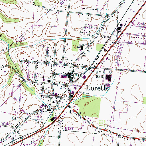 Topographic Map of Loretto, TN