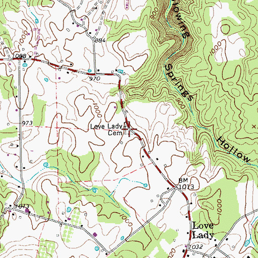 Topographic Map of Love Lady Cemetery, TN