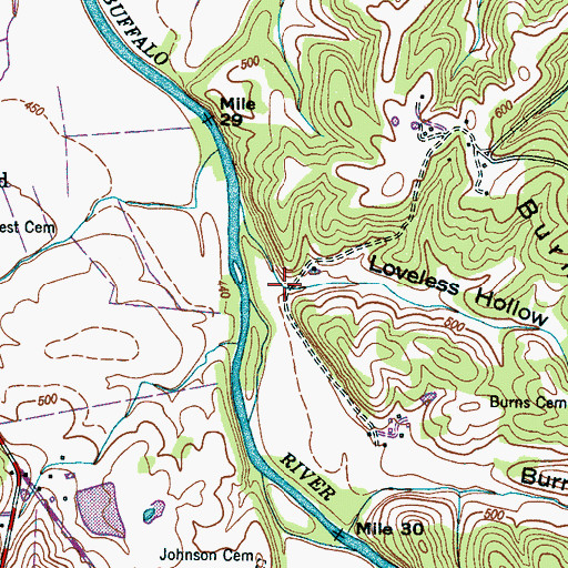 Topographic Map of Loveless Hollow, TN