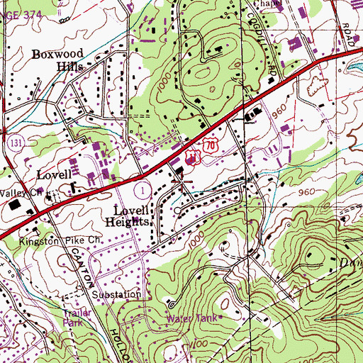 Topographic Map of Lovell Heights, TN