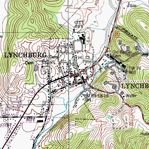 Topographic Map of Lynchburg, TN