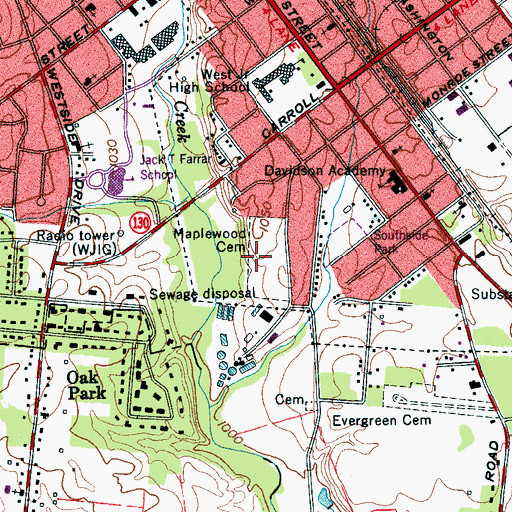 Topographic Map of Maplewood Cemetery, TN
