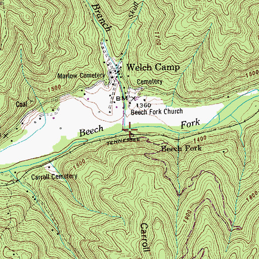 Topographic Map of Marlow Branch, TN