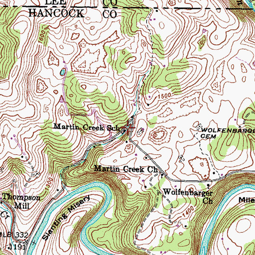Topographic Map of Martin Creek School, TN