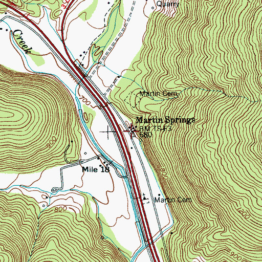 Topographic Map of Martin Springs, TN