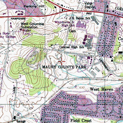 Topographic Map of Maury County Park, TN