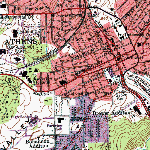 Topographic Map of McMinn County High School, TN