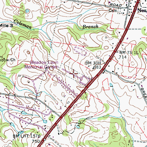 Topographic Map of Meadow Lawn Memorial Garden, TN