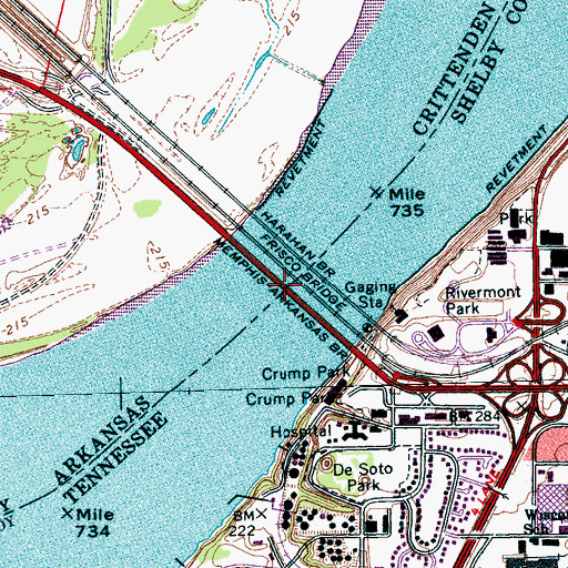 Topographic Map of Memphis-Arkansas Bridge, AR