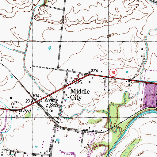 Topographic Map of Middle City, TN