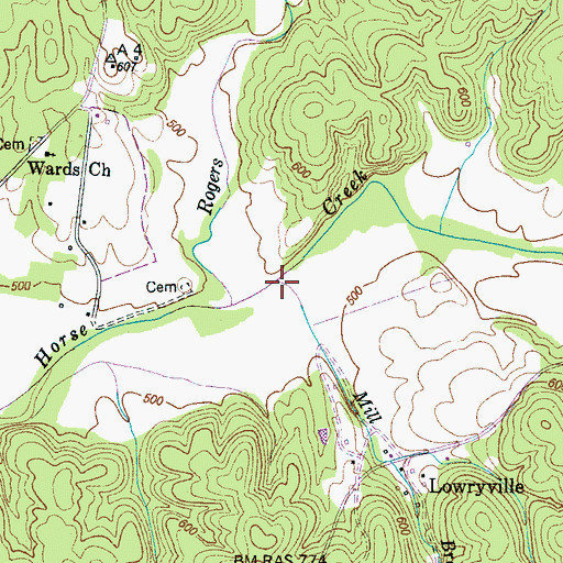 Topographic Map of Mill Branch, TN