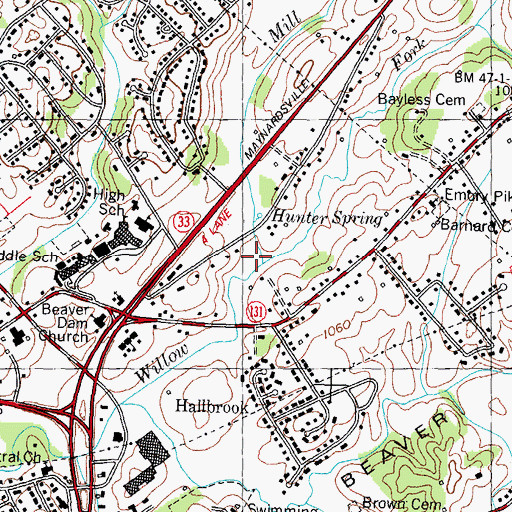 Topographic Map of Mill Branch, TN
