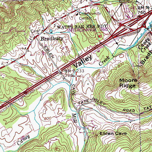 Topographic Map of Mill Creek, TN