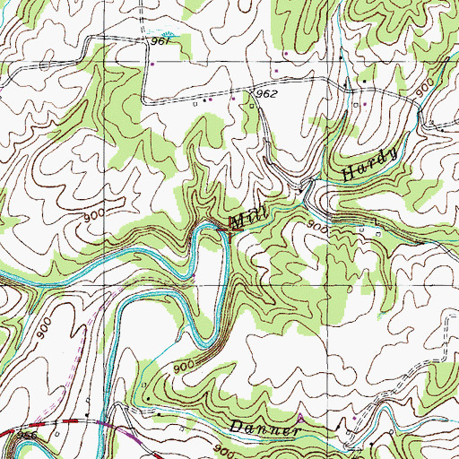 Topographic Map of Mill Hardy Branch, TN