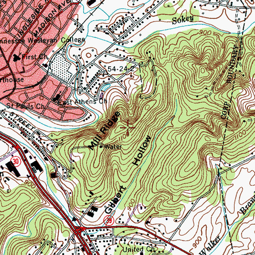 Topographic Map of Mill Ridge, TN