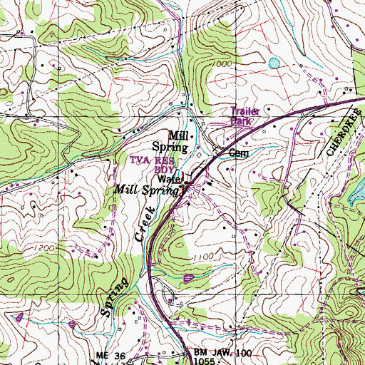 Topographic Map of Mill Spring, TN