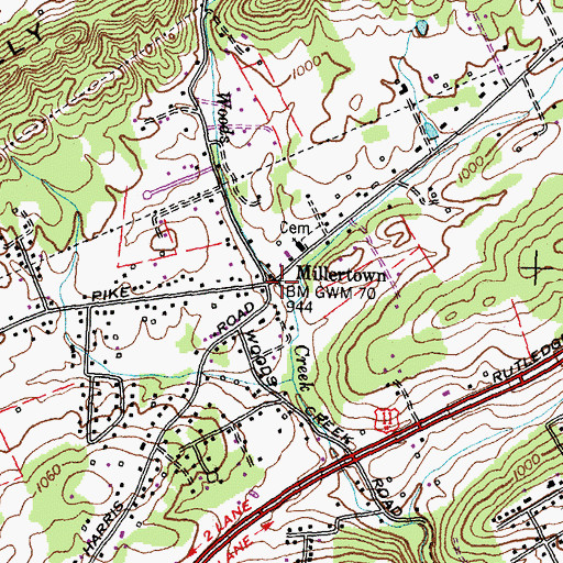 Topographic Map of Millertown, TN