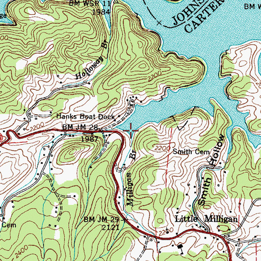 Topographic Map of Milligan Branch, TN