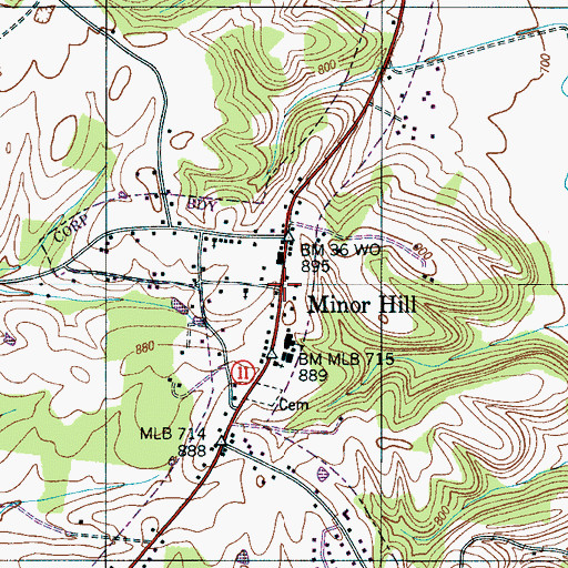Topographic Map of Minor Hill, TN
