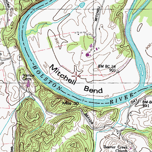 Topographic Map of Mitchell Bend, TN