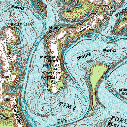 Topographic Map of Mitchells Bluff, TN