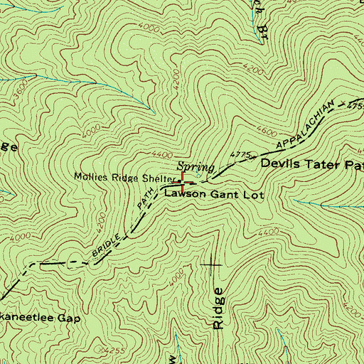 Topographic Map of Mollies Ridge Shelter, TN