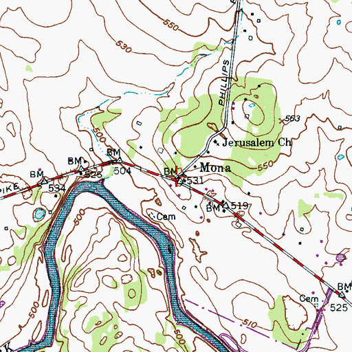 Topographic Map of Mona, TN