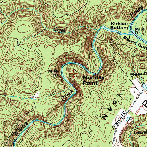 Topographic Map of Monday Point, TN