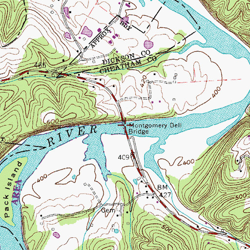 Topographic Map of Montgomery Bell Bridge, TN