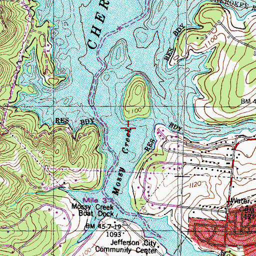 Topographic Map of Mossy Creek, TN