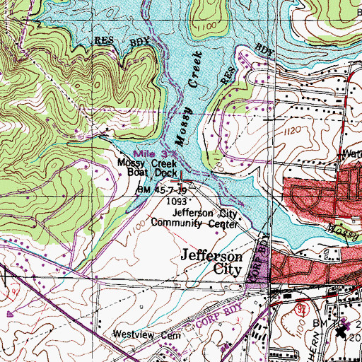 Topographic Map of Mossy Creek Beat Dock, TN