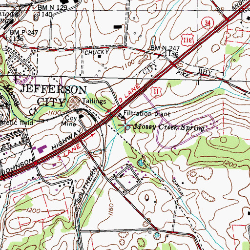 Topographic Map of Mossy Creek Spring, TN