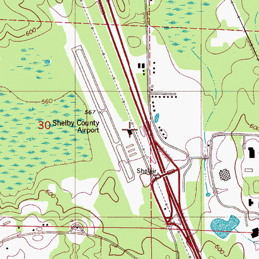 Topographic Map of Shelby County Airport, AL