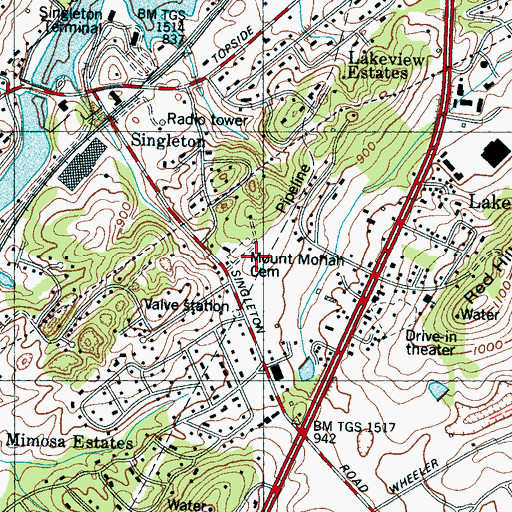 Topographic Map of Mount Moriah Cemetery, TN