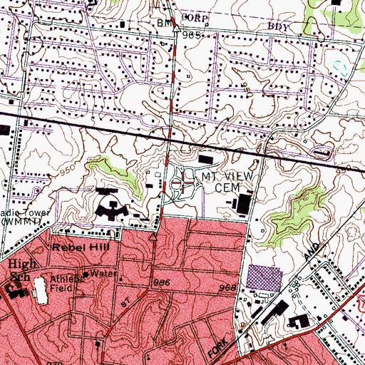 Topographic Map of Mount View Cemetery, TN