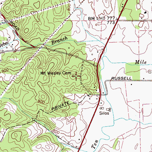 Topographic Map of Mount Wesley Cemetery, TN
