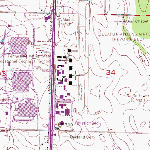 Topographic Map of Pryor Field Regional Airport, AL