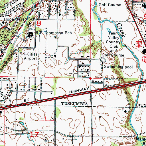 Topographic Map of Tri Cities Airport (historical), AL