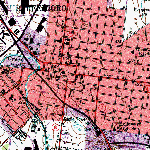 Topographic Map of Murfreesboro, TN