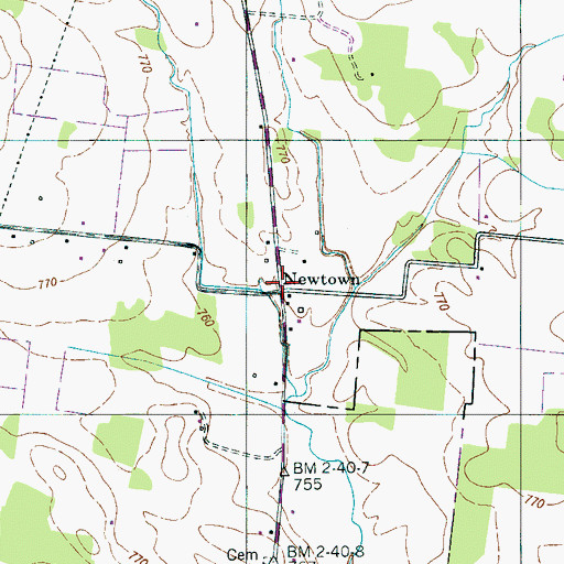 Topographic Map of Newtown, TN