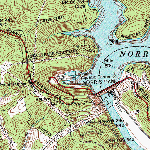 Topographic Map of Norris Aquatic Center, TN