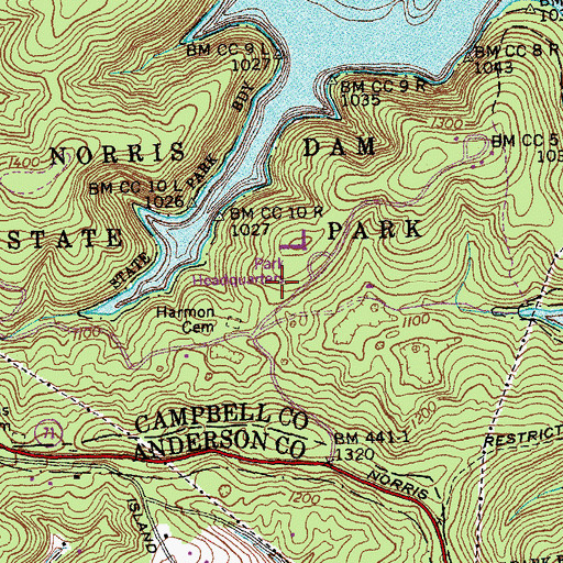 Topographic Map of Norris Dam State Park, TN