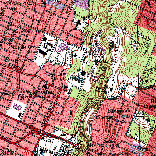 Topographic Map of Notre Dame High School, TN