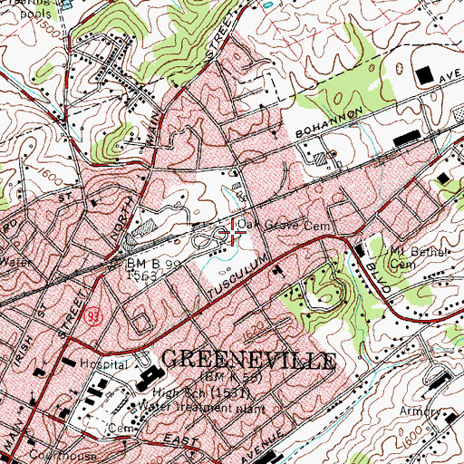 Topographic Map of Oak Grove Cemetery, TN
