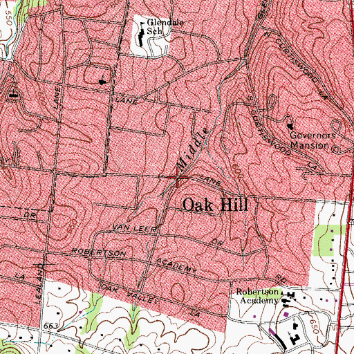 Topographic Map of Oak Hill, TN